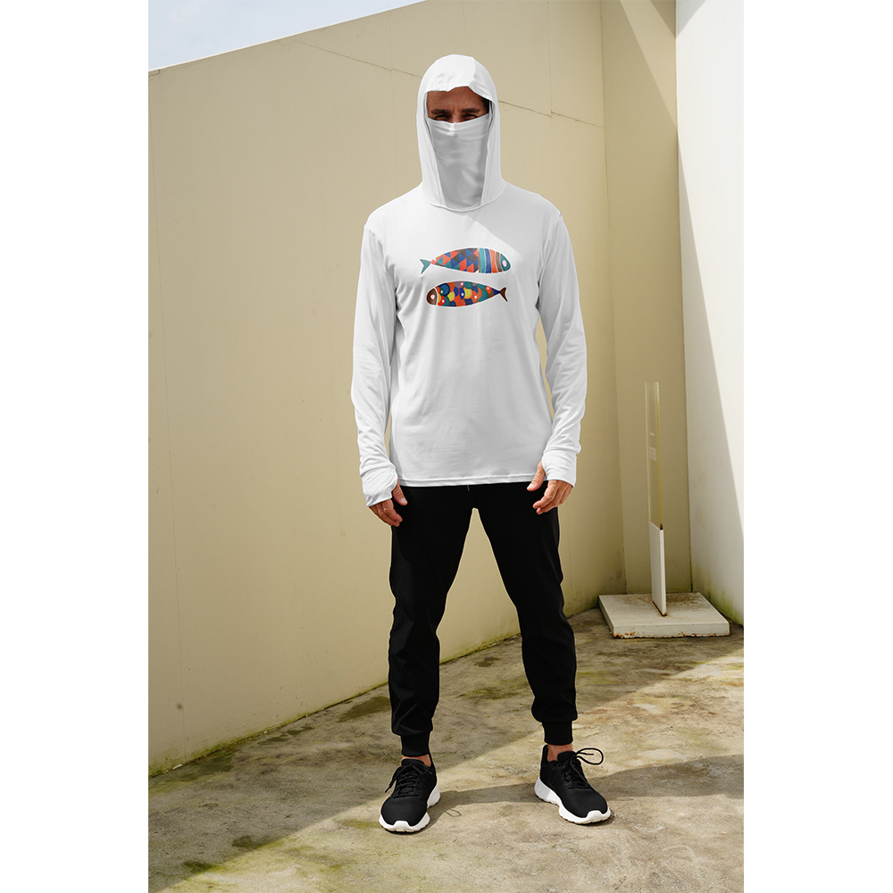 Men Fish Print Fishing Hoodie  - Fishing Mask Sun Protection review and price